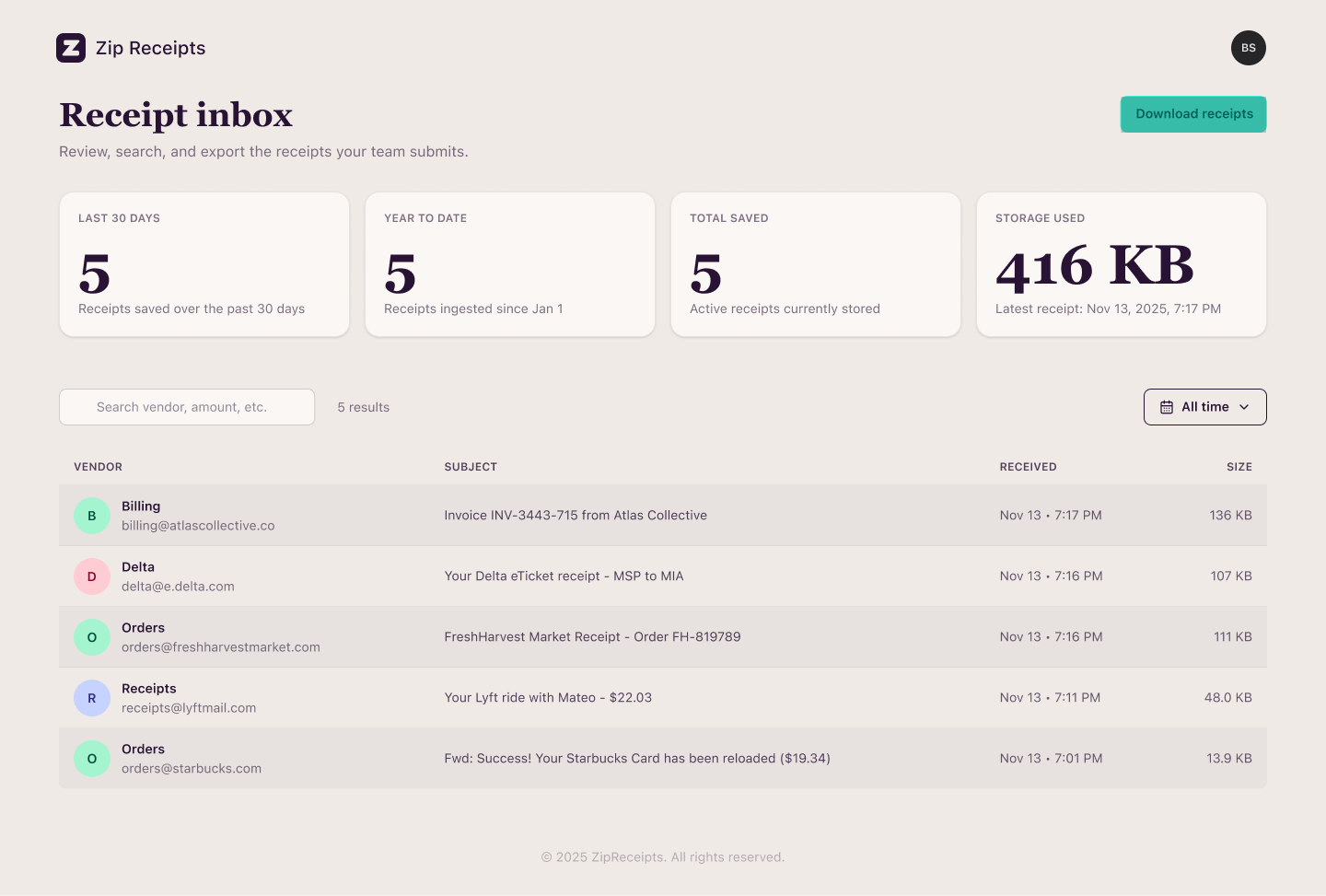 ZipReceipts dashboard highlighting organized receipt bundles